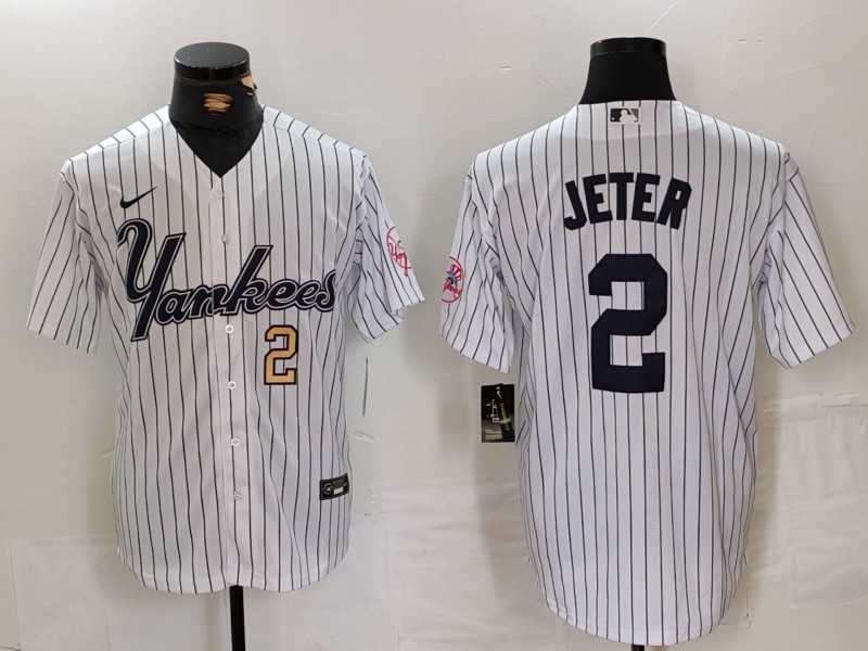 Men%27s New York Yankees #2 Derek Jeter White Pinstripe Fashion Cool Base Jerseys->new york yankees->MLB Jersey